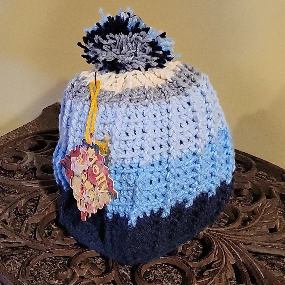 Handmade pom-pom hat beanie with fleece lining at ears crochet